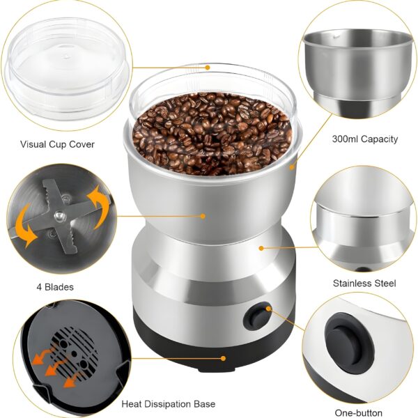 Nima Stainless Steel Multifunctional Electric Grinder & Coffee Maker - Mini Spice, Coffee, and Masala Grinder for Beans, Nuts, and Grains - Household Mixer Grinder (Silver) - Image 5