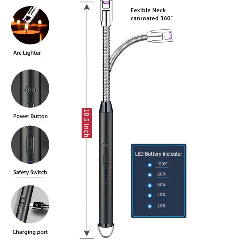 Arc Lighter Electric Rechargeable Gas Lighter - USB, Flameless, Windproof, 360° Flexible Neck